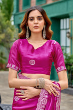 Rani pink fancy shimmer chiffon saree with embroidery work