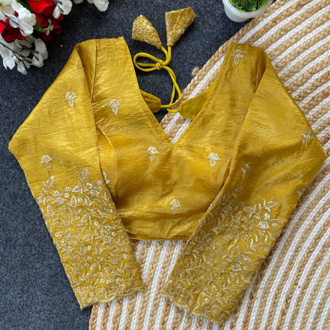 Mustard yellow golden crush readymade blouse with sequence and zari work