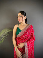 Rani pink traditional blooming vichitra khadi bandhej silk saree with sequence work