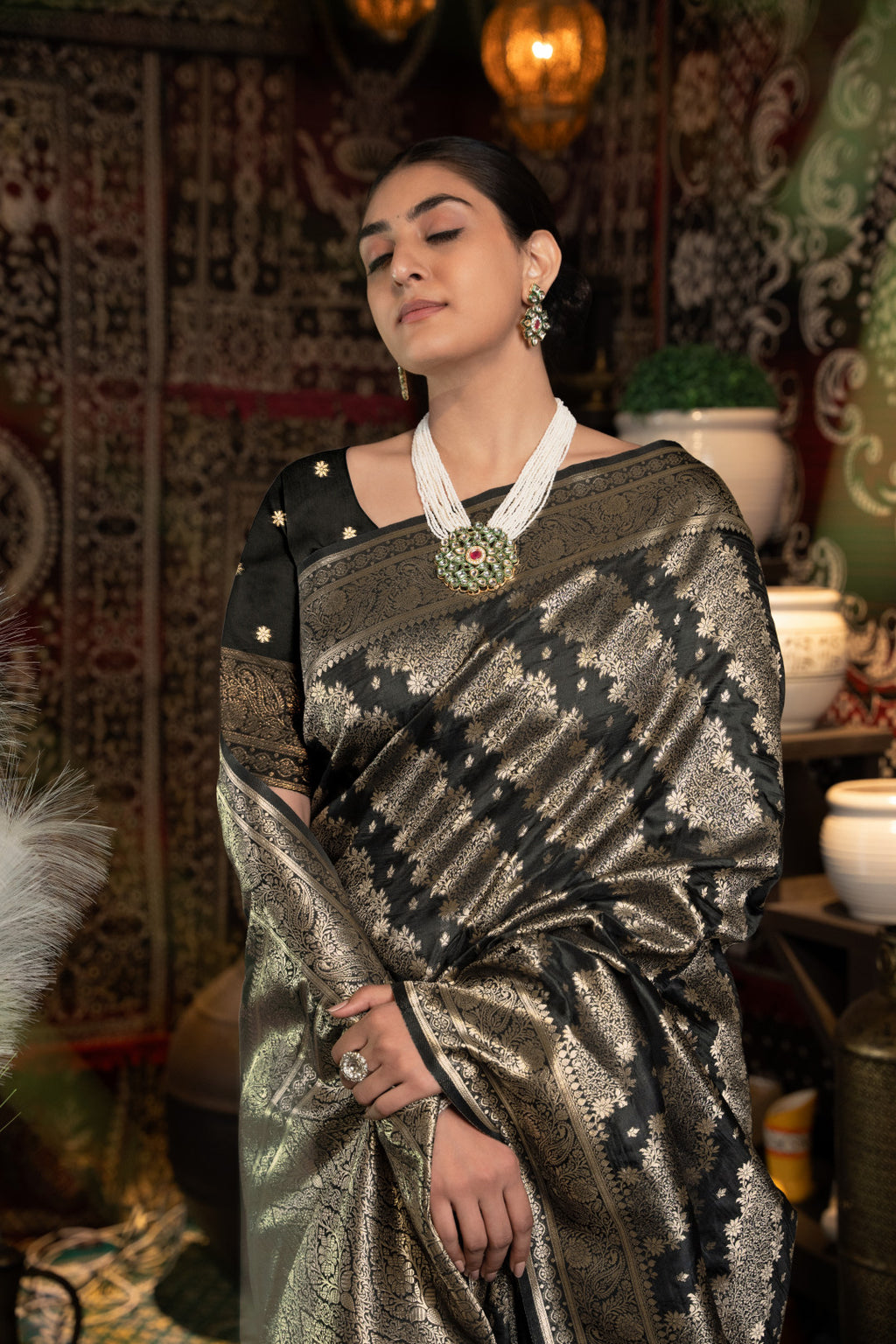 Black banarasi silk saree with zari woven work