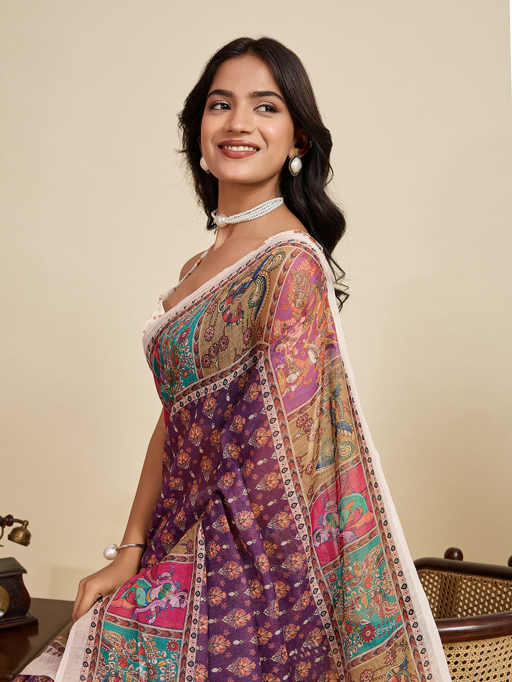 Multi linen cotton saree with digital printed work and silver zari border