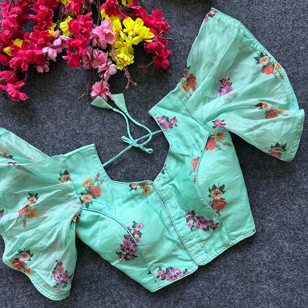 Sea green pure organza readymade blouse with printed work