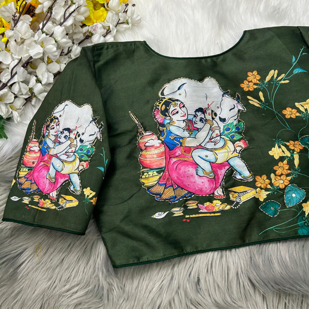 Mahendi green silk readymade blouse with kalamkari printed work