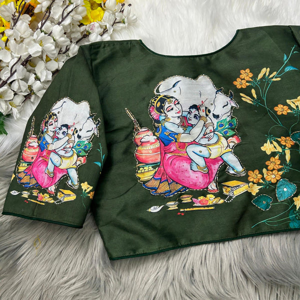 Mahendi green silk readymade blouse with kalamkari printed work