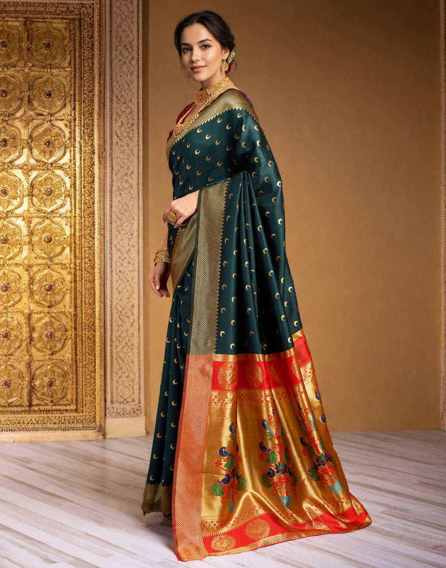 Traditional dark green chand design paithani silk saree with zari weaving work