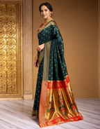 Traditional dark green chand design paithani silk saree with zari weaving work