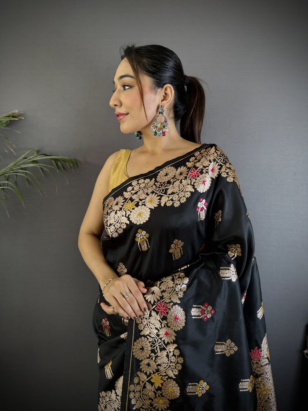 Black premium banarasi silk saree with meenakari zari weaving work