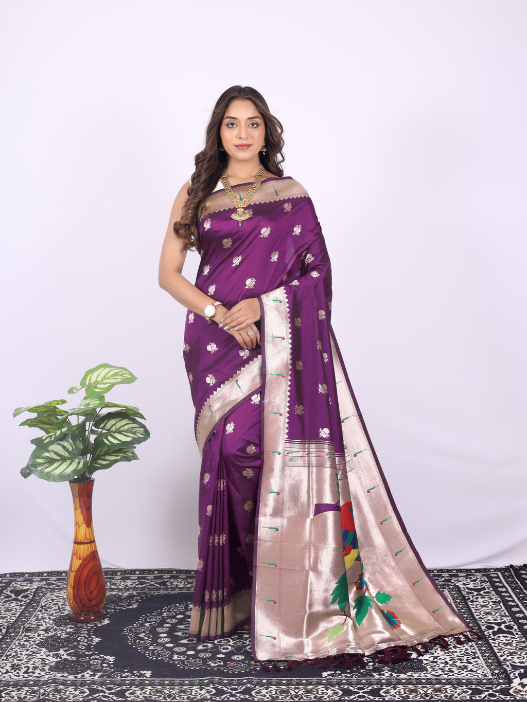 Magenta color paithani silk saree with zari weaving work
