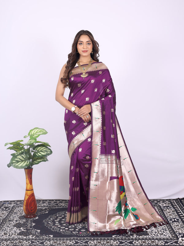 Magenta color paithani silk saree with zari weaving work