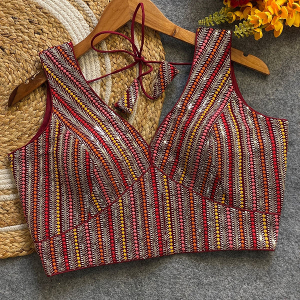 Red fox georgette fancy readymade blouse with embroidery work