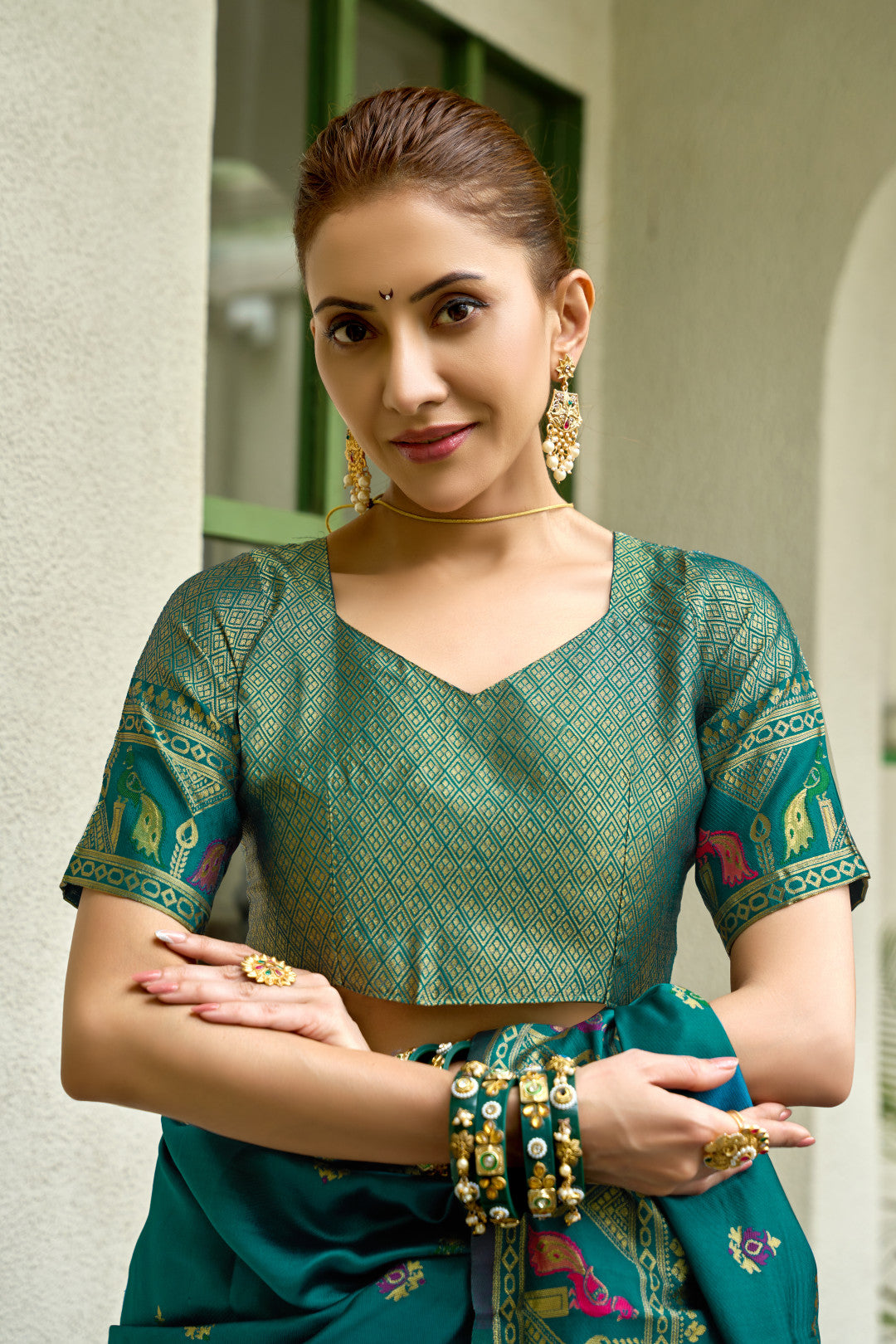 Traditional rama green paithani silk saree with zari weaving work