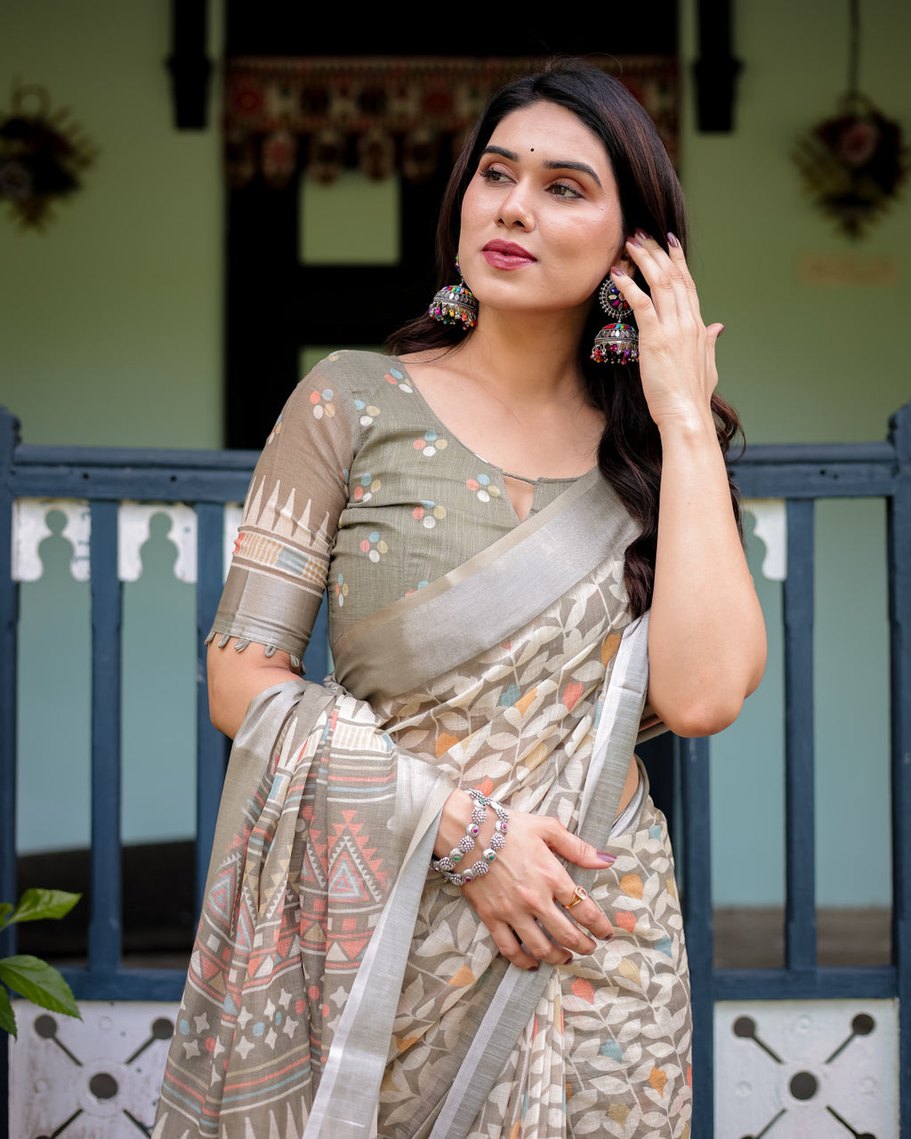 Beige summer special digital printed linen cotton saree