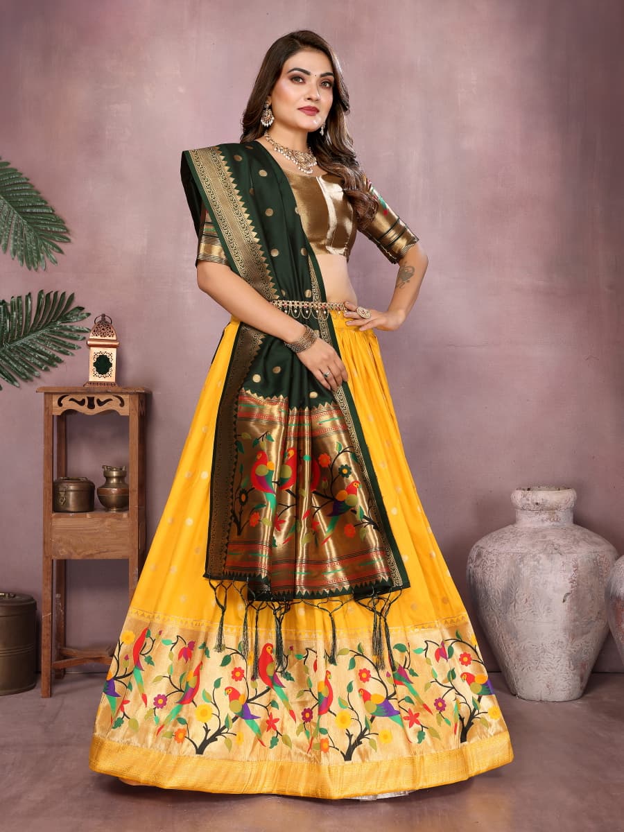 Yellow color jecquard paithani silk lehenga with zari weaving work