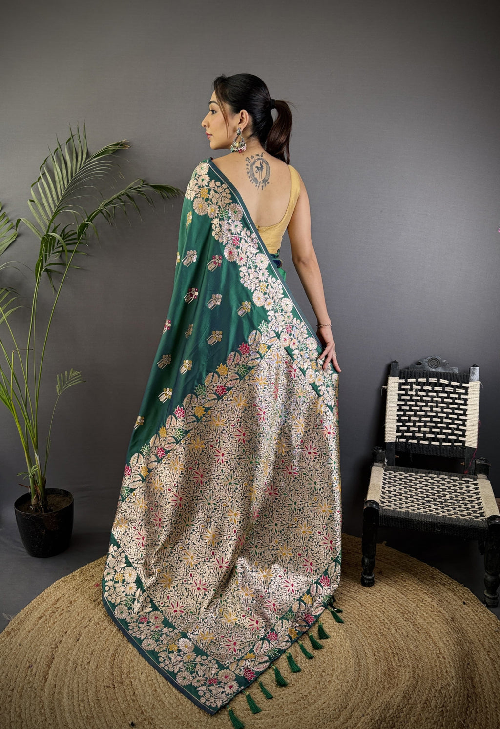 Rama green premium banarasi silk saree with meenakari zari weaving work