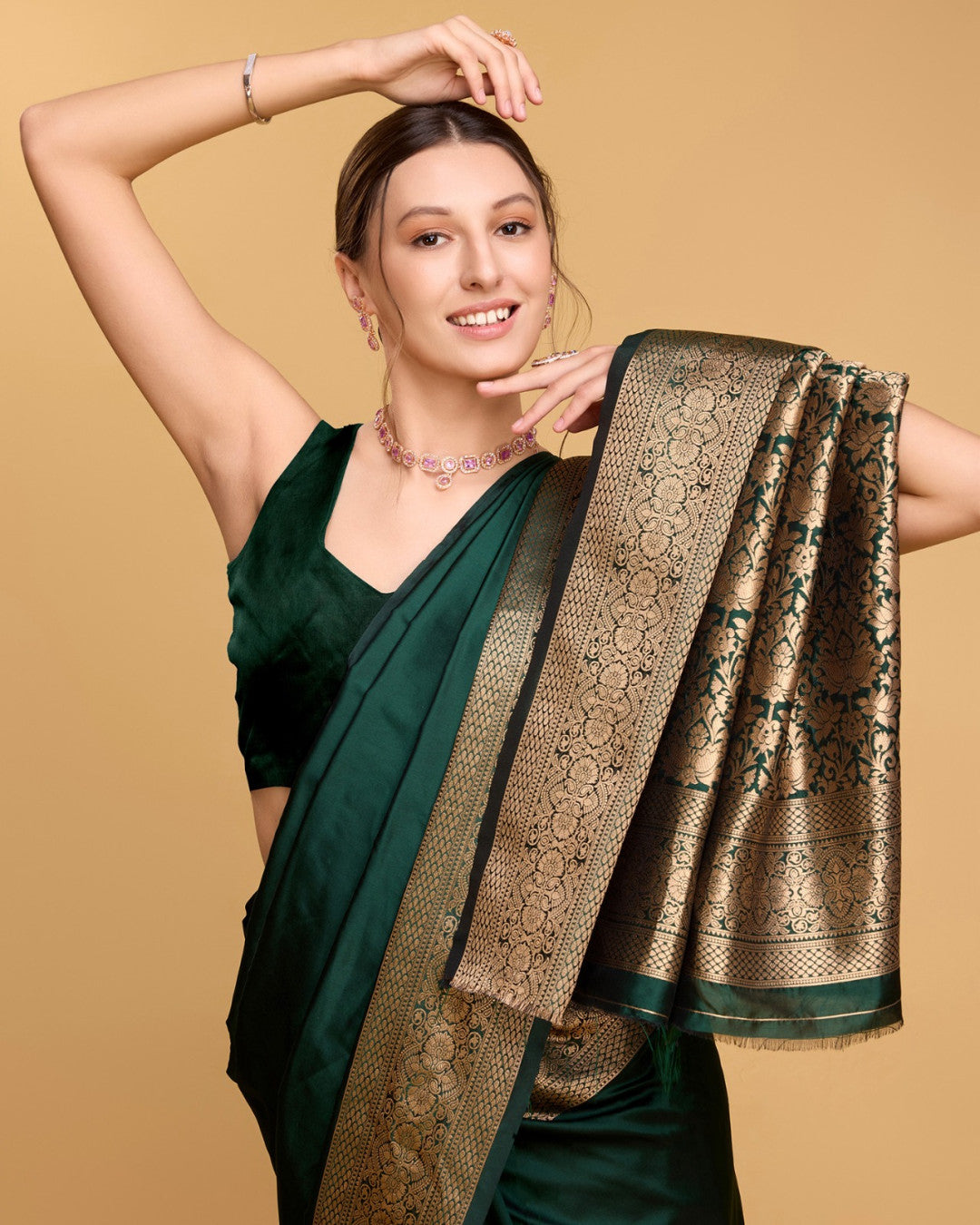Dark green color soft kanchipuram silk saree with zari weaving work