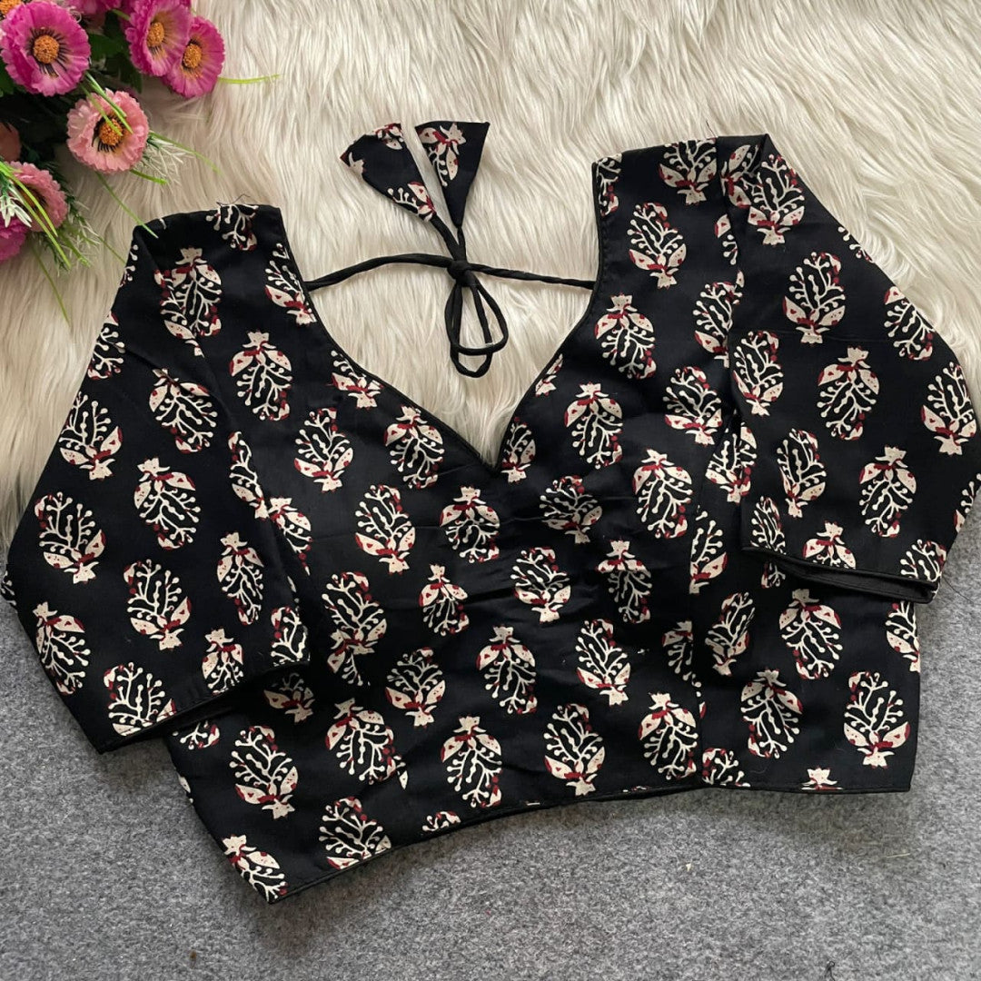 Black colour ajarakh printed cotton readymade blouse