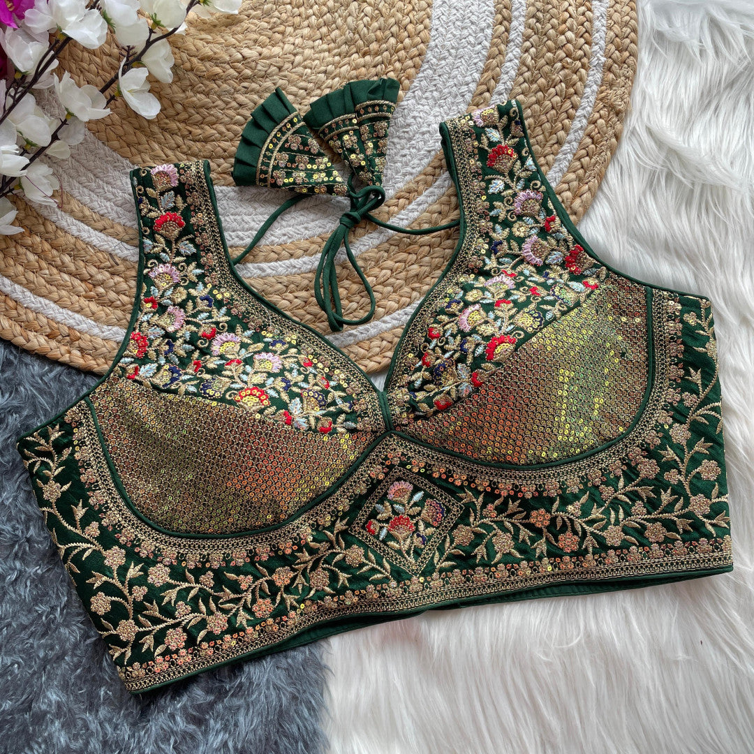 Green vichitara silk readymade blouse with embroidery & sequence work