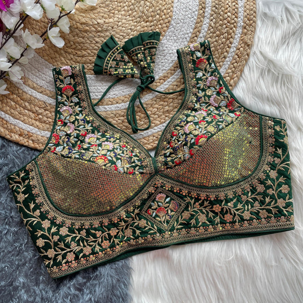 Green vichitara silk readymade blouse with embroidery & sequence work