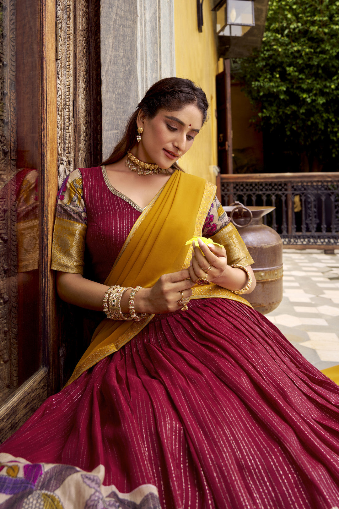 Traditional Kalamkari Printed Lehenga in Poly Chanderi with Zari Work & Georgette Dupatta