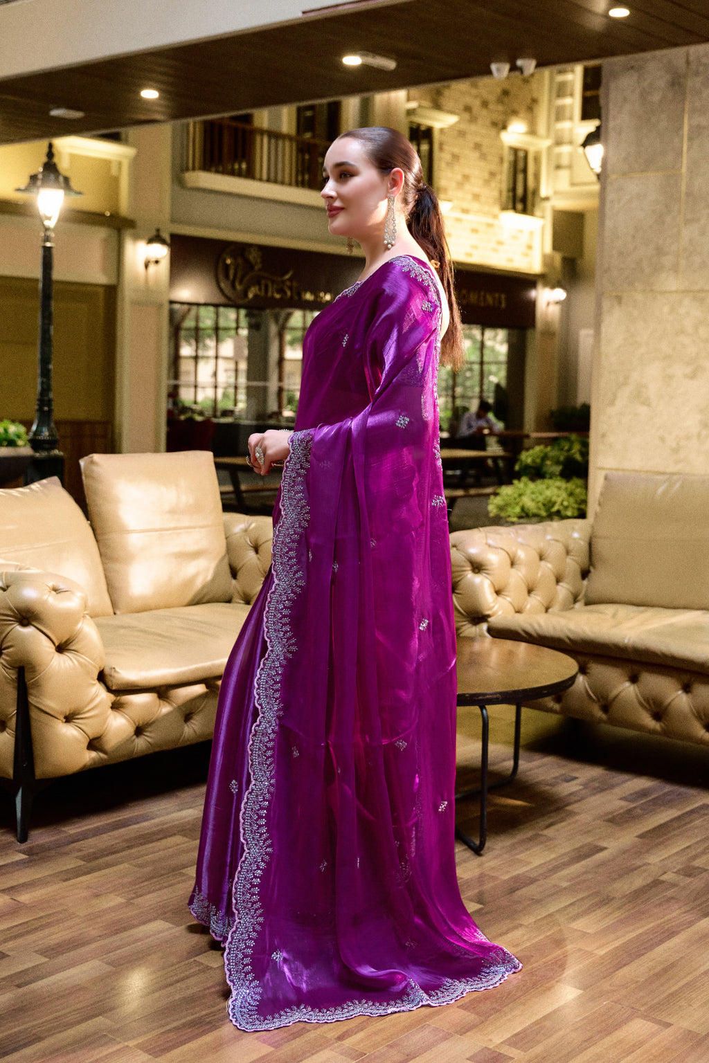 Magenta fancy shimmer chiffon saree with embroidery work