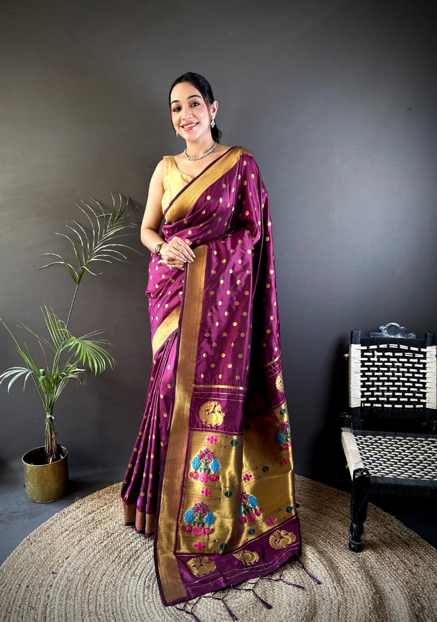 Magenta traditional paithani silk saree with zari weaving work