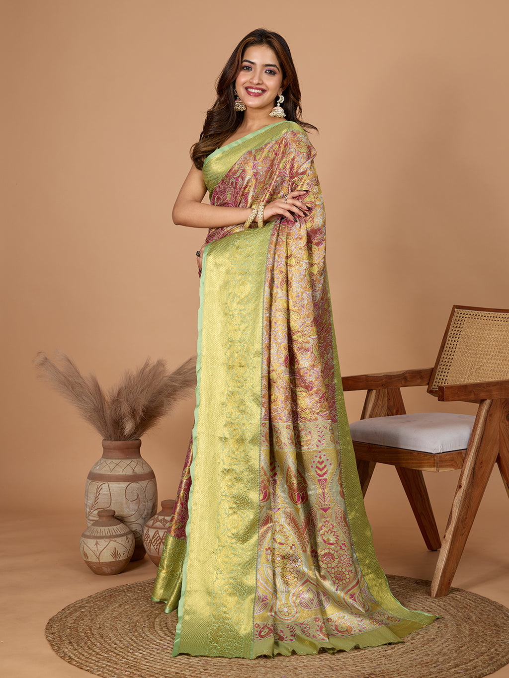 Pista green kanjivaram silk saree with zari weaving work