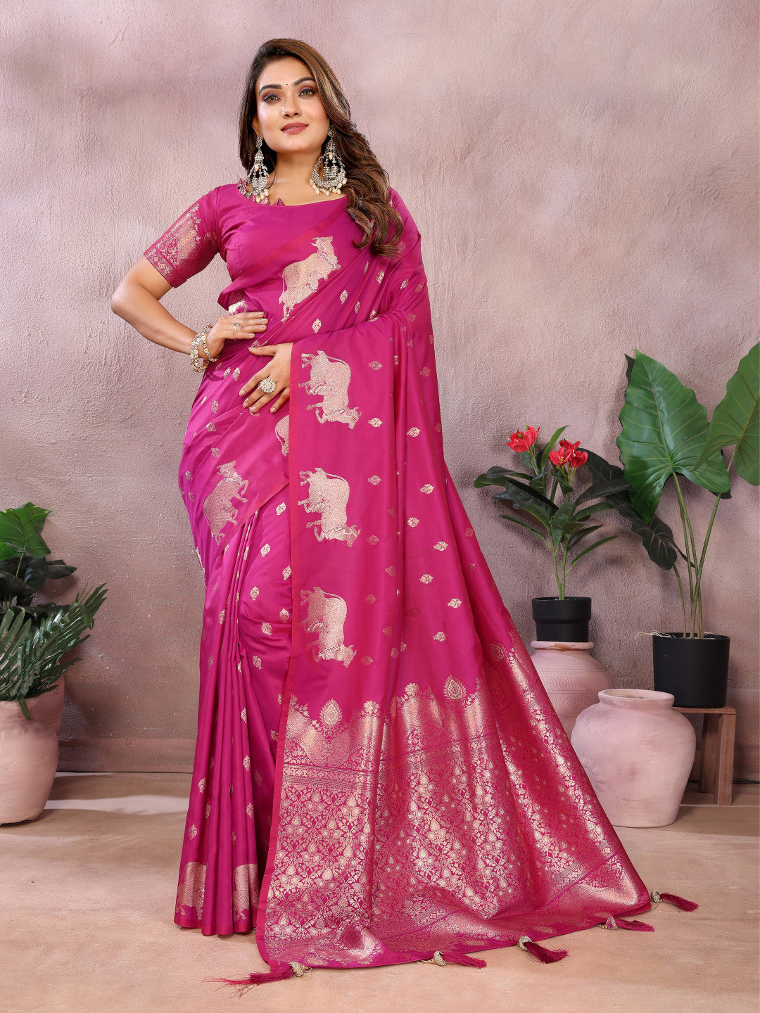 Dark pink traditional banarasi silk saree with zari weaving work