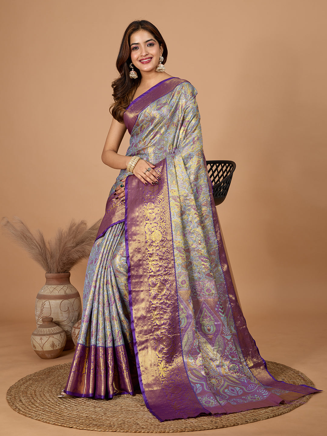Gray kanjivaram silk saree with zari weaving work