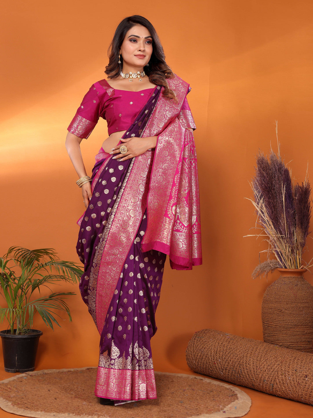 Magenta traditional banarasi silk saree with zari weaving work