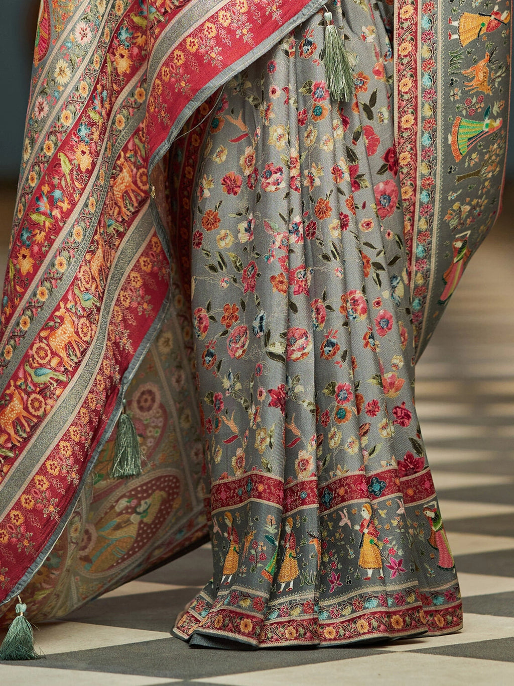 Gray exclusive pure pashmina silk saree with woven design