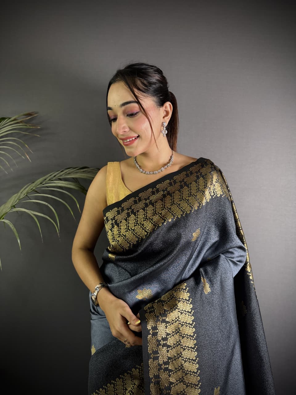 Gray color banarasi silk saree with zari weaving work