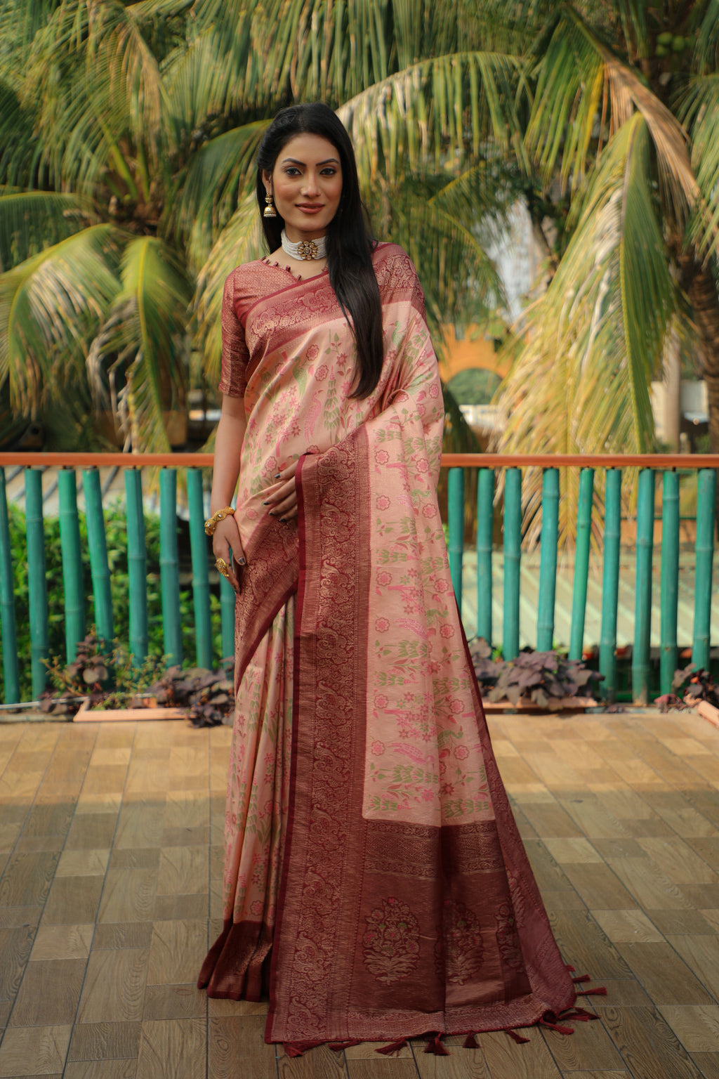 Peach color kanjivaram silk saree with zari weaving work