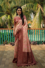 Peach color kanjivaram silk saree with zari weaving work