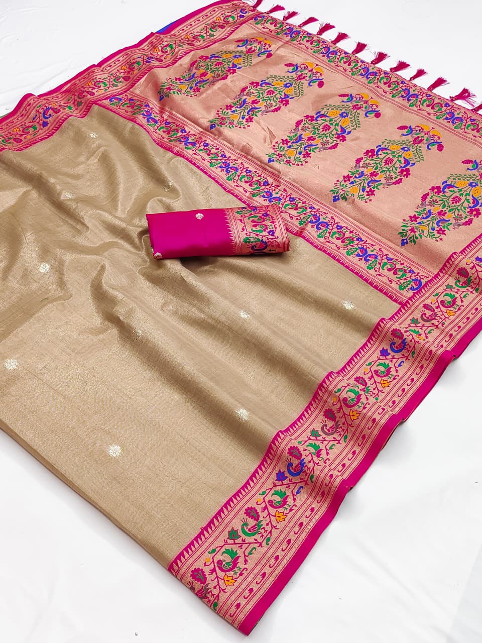 Gray soft tissue paithani silk saree with zari weaving work