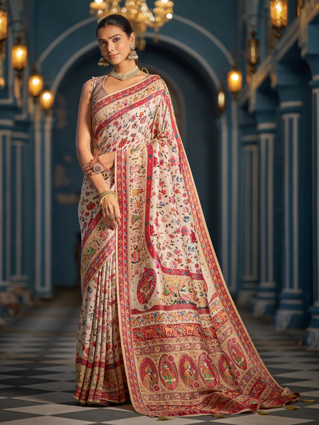 Beige exclusive pure pashmina silk saree with woven design