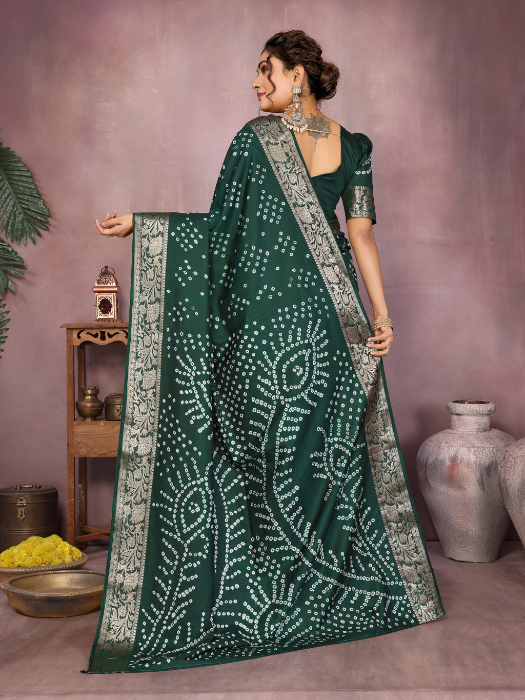Green colour hand bandhej bandhani saree with zari weaving work