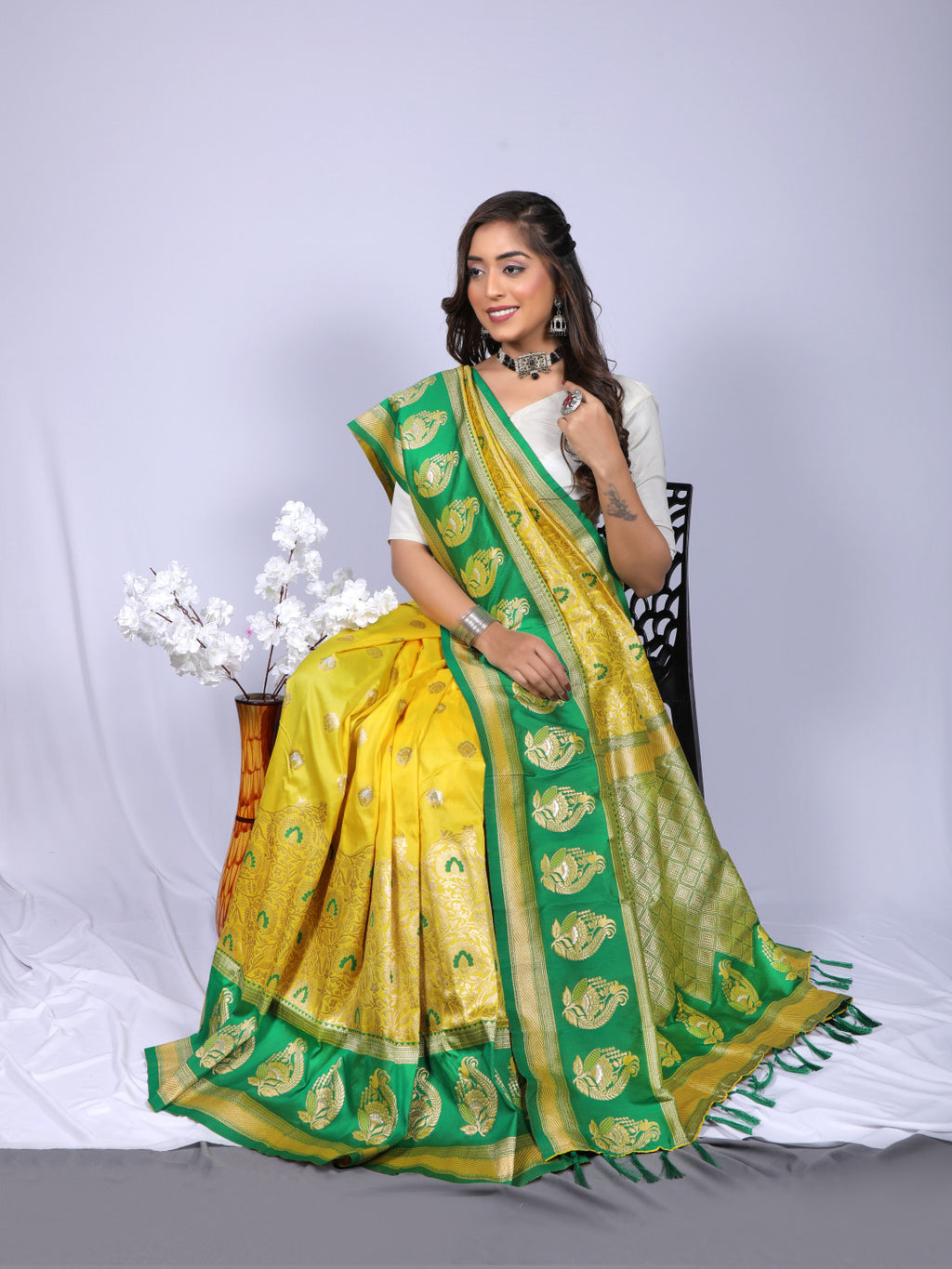 Yellow color kanchipuram silk saree with zari weaving work