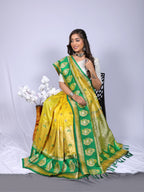 Yellow color kanchipuram silk saree with zari weaving work