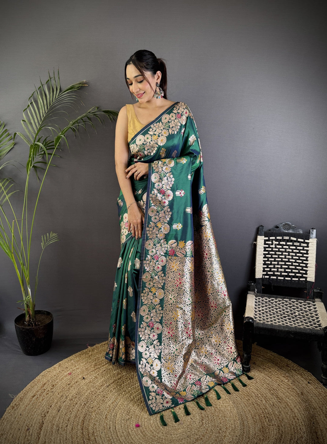 Rama green premium banarasi silk saree with meenakari zari weaving work