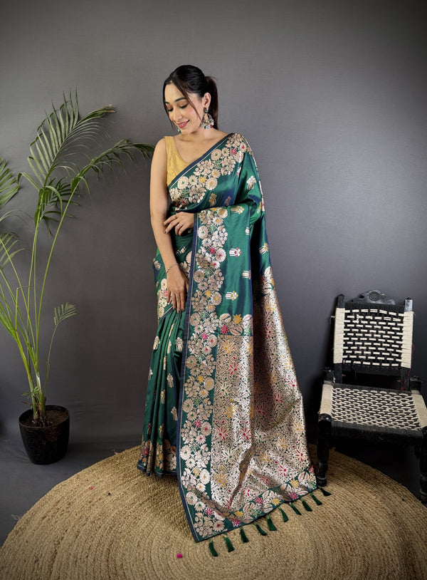 Rama green premium banarasi silk saree with meenakari zari weaving work
