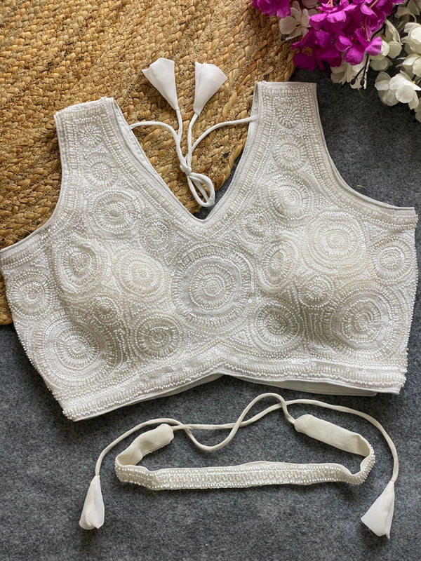 White georgette fancy readymade blouse with handwork with Belt