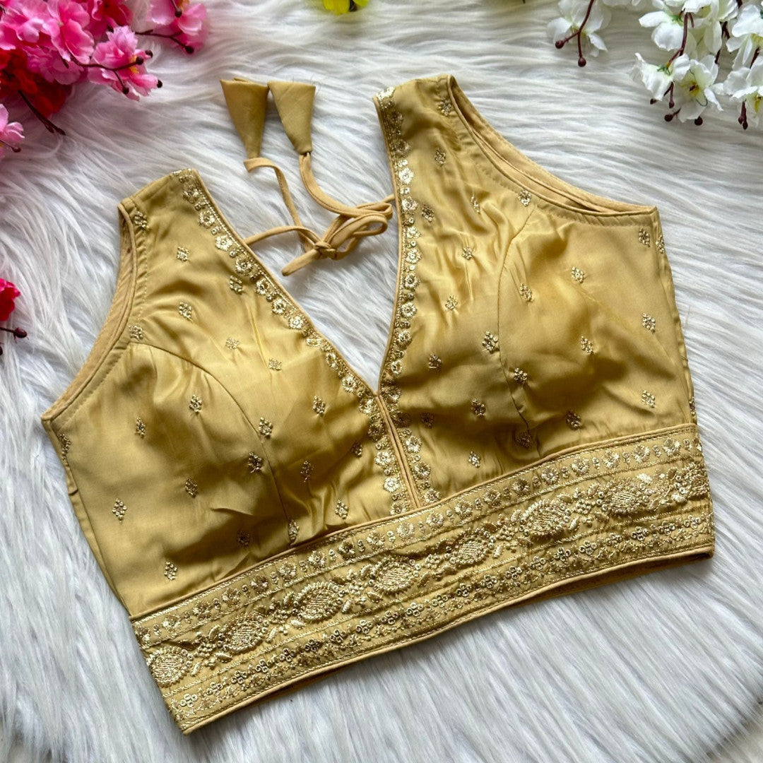 Cream heavy roman silk readymade blouse with embroidery and sequence work