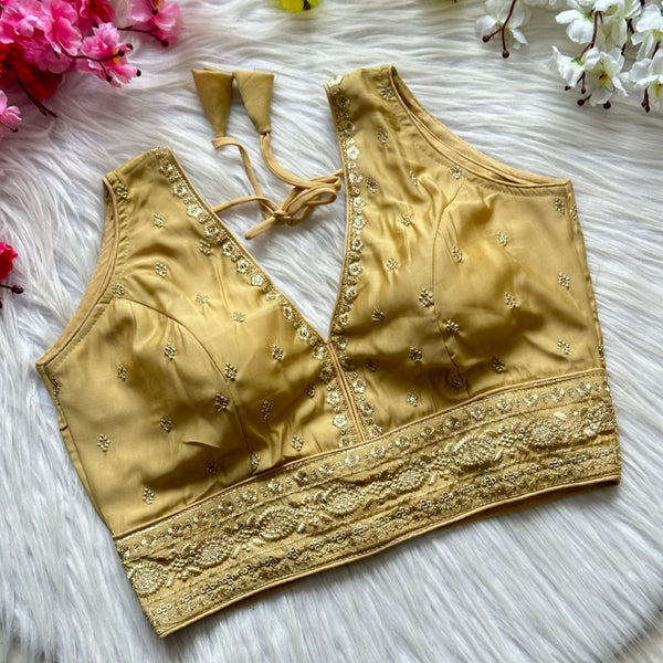 Cream heavy roman silk readymade blouse with embroidery and sequence work