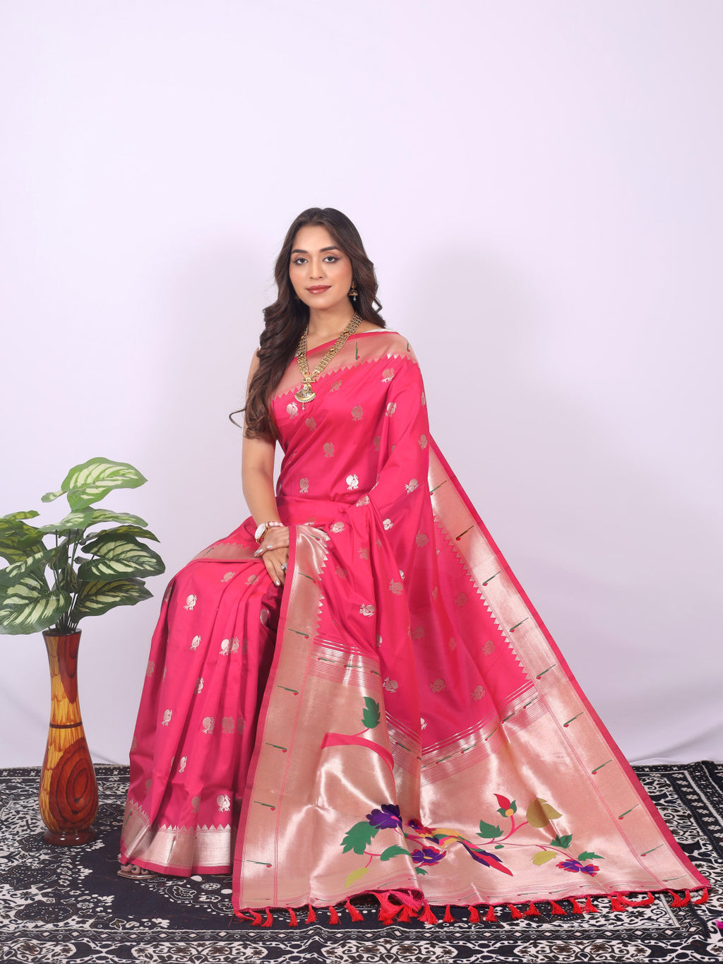 Pink color paithani silk saree with zari weaving work