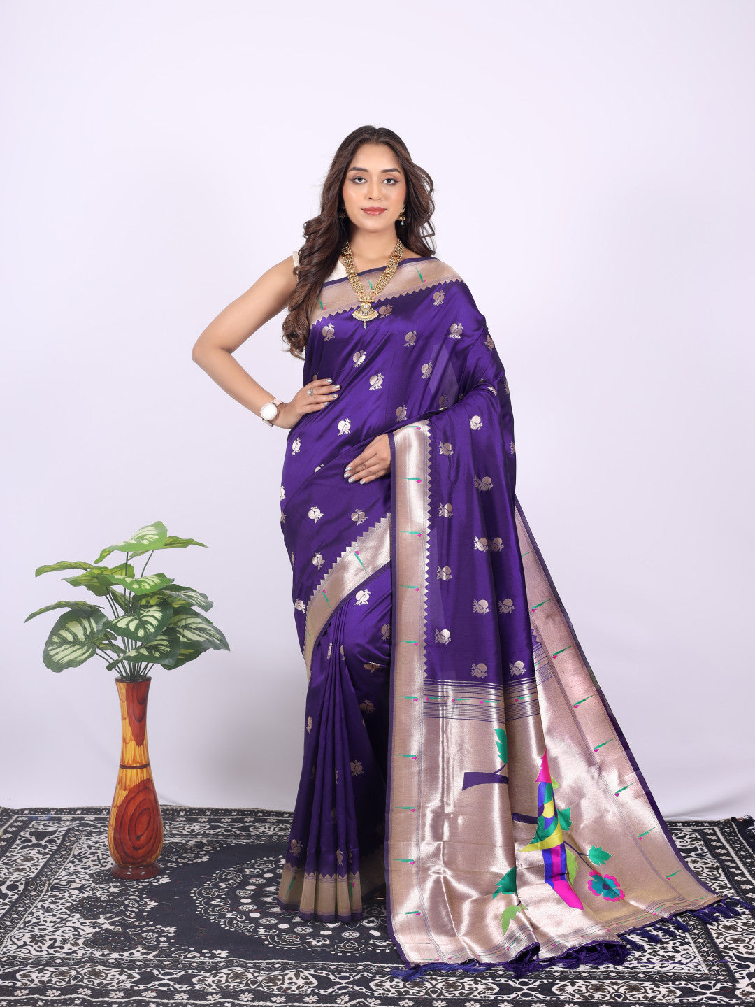 Violet color paithani silk saree with zari weaving work