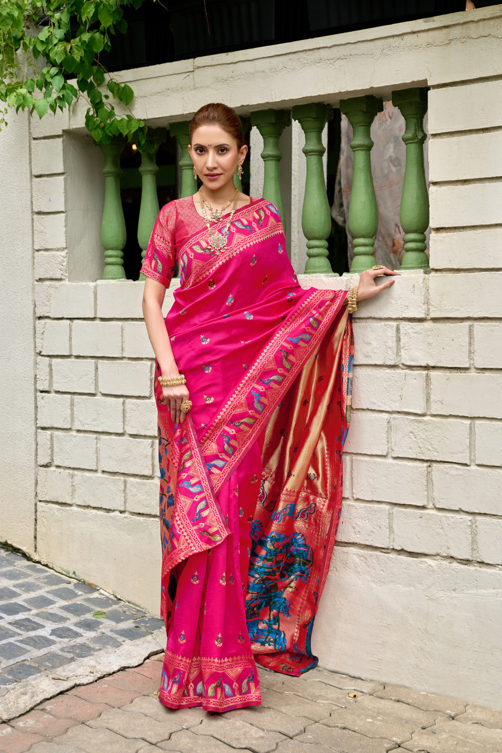 Traditional pink paithani silk saree with zari weaving work