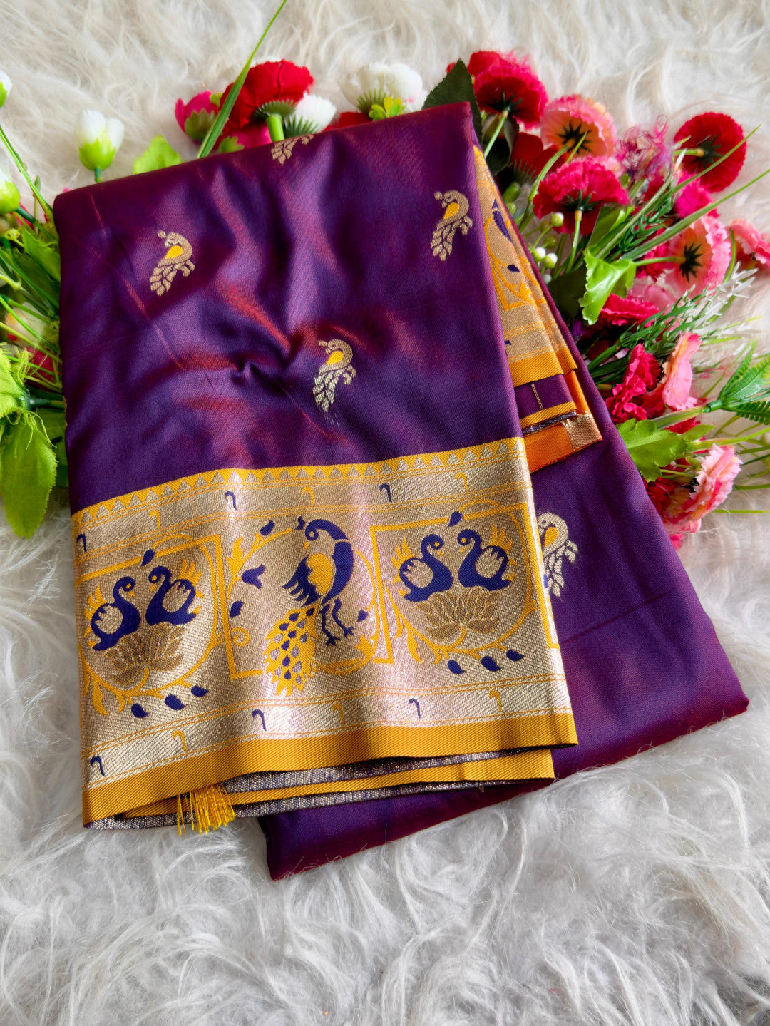 Magenta traditional paithani silk saree with peacock zari weaving work
