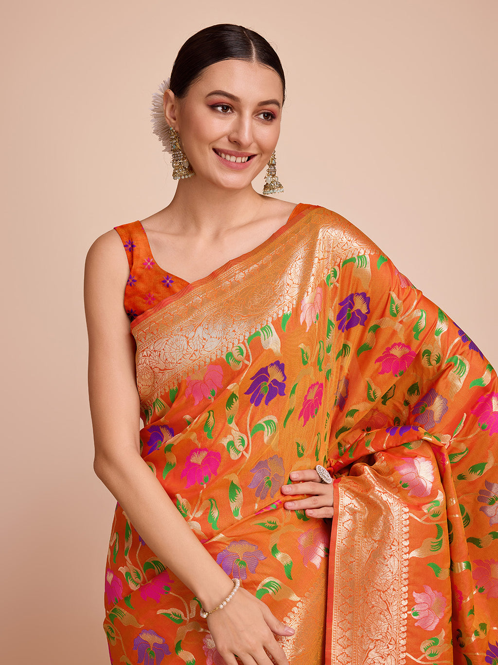 Orange color paithani silk saree with zari weaving work