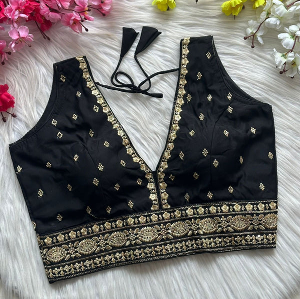 Black heavy roman silk readymade blouse with embroidery and sequence work