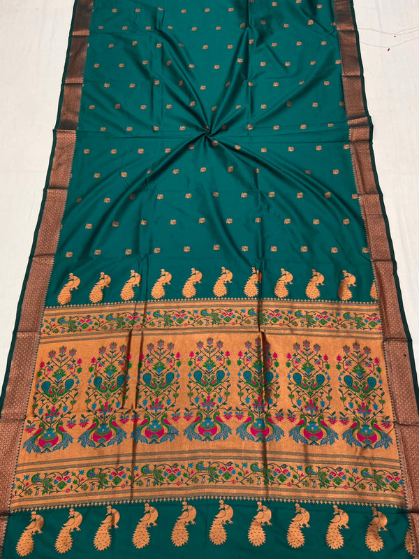 Rama green color paithani silk saree with zari weaving work